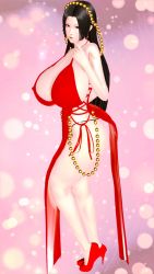 Rule 34 | 1girl, 3d, absurdres, black hair, boa hancock, breasts, cleavage, dress, highres, huge breasts, large breasts, long dress, one piece, red dress, smile