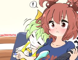 Rule 34 | !, 2girls, ascot, blue shirt, blush, breasts, closed eyes, closed mouth, collared shirt, colored skin, commentary, cookie (touhou), daiyousei, diyusi (cookie), gram 9, green hair, guitar, hair bobbles, hair ornament, holding, holding instrument, holding plectrum, instrument, large breasts, multiple girls, niconico id, onozuka komachi, open mouth, plectrum, red eyes, red hair, shirt, shishou (cookie), short hair, smile, spoken exclamation mark, touhou, two side up, upper body, white background, white shirt, white skin, yellow ascot