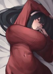 Rule 34 | 1girl, absurdres, arm up, bed sheet, befe, black hair, blush, breasts, covered navel, finger to mouth, hairband, highres, huge breasts, large breasts, long hair, long sleeves, lying, on back, red eyes, red sweater, solo, spy x family, sweater, upper body, yor briar