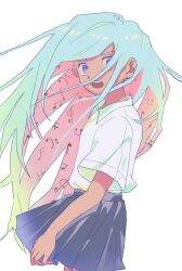 Rule 34 | 1girl, bass clef, beamed eighth notes, blue hair, blue skirt, collared shirt, colored inner hair, commentary request, cowboy shot, dated commentary, eighth note, floating hair, highres, long hair, looking at viewer, multicolored hair, musical note, nacl 022, open mouth, original, pleated skirt, purple eyes, quarter note, sharp sign, shirt, shirt tucked in, short sleeves, simple background, sixteenth note, skirt, solo, teeth, treble clef, upper teeth only, very long hair, white background, white shirt