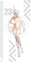 Rule 34 | 1girl, 2023, absurdres, altera (fate), animal ears, ankle boots, bare shoulders, boots, breasts, chinese zodiac, choker, cleavage, closed mouth, dark-skinned female, dark skin, detached sleeves, fake animal ears, fate/grand order, fate (series), forehead protector, full body, hand on own hip, highleg, highleg leotard, highres, i-pan, leotard, long sleeves, looking at viewer, playboy bunny, rabbit ears, red eyes, short hair, short ponytail, small breasts, smile, solo, standing, thigh gap, thighhighs, white choker, white footwear, white leotard, white thighhighs, year of the rabbit