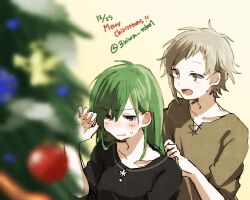 Rule 34 | 1boy, 1girl, :|, black shirt, blurry, blush, brown eyes, brown shirt, christmas, christmas ornaments, christmas tree, closed mouth, collarbone, commentary request, cross-laced clothes, cross-laced slit, dated, depth of field, diagonal bangs, english text, green hair, hair between eyes, holding another&#039;s hair, kagerou project, kano shuuya, kido tsubomi, light brown hair, long bangs, long hair, looking at another, looking away, looking to the side, lowres, merry christmas, mokemoke chan, notched neckline, open mouth, partial commentary, purple eyes, shirt, short hair, short sleeves, straight hair, twitter username, upper body, wavy mouth
