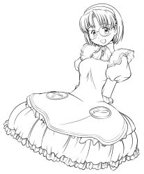 Rule 34 | 1girl, :d, aiko (renkin san-kyuu magical pokaan), animated, animated gif, apron, ascot, bra, breasts, dress, frilled dress, frills, glasses, greyscale, hairband, hand on own chest, joints, lingerie, monochrome, navel, nipples, nude, open mouth, panties, renkin san-kyuu magical pokaan, robot joints, short hair, small breasts, smile, solo, underwear