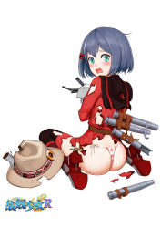 Rule 34 | 1girl, ass, belt, black thighhighs, blue hair, blush, butt crack, canadian flag, cannon, cape, copyright name, damaged, embarrassed, flag print, full body, g-string, green eyes, haida (warship girls r), hair ornament, hairclip, hat, jacket, jiaoshouwen, lifebuoy, looking at viewer, looking back, machinery, mountie, no pants, official art, open mouth, panties, propeller, red jacket, short hair, sitting, smokestack, solo, swim ring, thighhighs, thong, tongue, torn clothes, turret, underwear, unworn hat, unworn headwear, wariza, warship girls r, white background