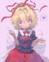 Rule 34 | + +, 1girl, blonde hair, blue eyes, blush, bow, breasts, bubble skirt, commentary request, doll, doll joints, drugs, frilled shirt collar, frills, hair ribbon, heart, highres, holding pill, huge bow, joints, medicine melancholy, pastel colors, phantasmagoria of flower view, pill, pink background, pororikin, puffy short sleeves, puffy sleeves, red ribbon, ribbon, short hair, short sleeves, skirt, small breasts, smile, speech bubble, symbol-shaped pupils, tongue, tongue out, touhou, white bow