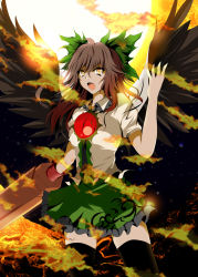 Rule 34 | 1girl, brown hair, female focus, fire, fuoco, highres, open mouth, reiuji utsuho, skirt, solo, thighhighs, touhou, yellow eyes
