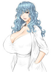 Rule 34 | 1girl, bad id, bad pixiv id, blue eyes, blue hair, breasts, cleavage, coat, curly hair, gigantic breasts, hair over one eye, hand in pocket, huge breasts, lab coat, long hair, matching hair/eyes, messy hair, sano toshihide, simple background, sketch, sleeves rolled up, smile, solo
