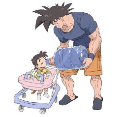 Rule 34 | 2boys, baby, baby walker, black eyes, black hair, blue shirt, closed eyes, dragon ball, dragonball z, drinking, ellischestert12, father and son, highres, holding, male focus, multiple boys, muscular, muscular male, orange shorts, shirt, shorts, simple background, slippers, son gohan, son goku, spiked hair, standing, tail, water, white background