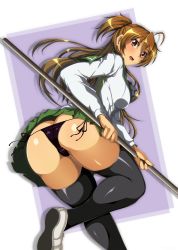 Rule 34 | 1girl, ass, black panties, breasts, butt crack, highres, highschool of the dead, large breasts, miniskirt, miyamoto rei, panties, shoes, side-tie panties, simple background, skirt, solo, tagme, thighhighs, thighs, underwear, upskirt