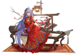 Rule 34 | 1girl, arm support, barefoot, bili girl 22, bilibili, blue hair, bonsai, breasts, bride, capelet, carpet, chinese clothes, chinese knot, cleavage, dress, feet on chair, flower, full body, hair flower, hair ornament, hand on own arm, highres, lantern, lightning ahoge, long dress, long hair, long sleeves, looking at viewer, medium breasts, messikid, official art, plum blossoms, red capelet, red dress, red eyes, sitting, smile, solo, very long hair, weibo logo, weibo watermark, white background, wide sleeves, wooden chair, yokozuwari
