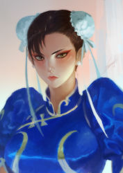 Rule 34 | 1girl, bun cover, capcom, chinese clothes, chun-li, double bun, heewon lee, looking at viewer, makeup, solo, street fighter, upper body