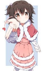 Rule 34 | 1girl, absurdres, akagi miria, black hair, blowing kiss, blush, border, brown eyes, capelet, child, closed mouth, commentary, dress, frilled sleeves, frills, fur-trimmed capelet, fur-trimmed dress, fur trim, hair ornament, heart, highres, idolmaster, idolmaster cinderella girls, idolmaster cinderella girls starlight stage, pink dress, pink ribbon, pleated dress, pom pom (clothes), pom pom hair ornament, red capelet, ribbon, shirt, solo, twintails, two side up, white shirt, yairo ju