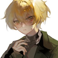 Rule 34 | 1boy, blonde hair, blush, coat, fructoseies, glasses, green coat, grey sweater, highres, limbus company, long sleeves, looking at viewer, parted lips, portrait, project moon, ribbed sweater, simple background, sinclair (project moon), solo, sweat, sweater, turtleneck, turtleneck sweater, white background, wing collar, yellow eyes