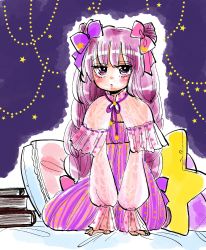 Rule 34 | 1girl, book, book stack, bow, braid, commentary request, dress, hair bow, hair ribbon, hands on floor, highres, komaku juushoku, long hair, long sleeves, looking at viewer, patchouli knowledge, pillow, polka dot, purple eyes, purple hair, ribbon, sitting, solo, star (symbol), starry background, striped clothes, striped dress, touhou, twin braids, yokozuwari