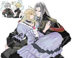 Rule 34 | !, !!, 2boys, aged down, arm armor, armor, bandaged arm, bandages, bell, belt, black belt, black bow, black choker, black coat, black gloves, black sweater, blonde hair, blue eyes, blush, bow, brown belt, choker, cloud strife, cloud strife (ball gown), coat, commentary, cropped legs, crossdressing, dress, dress bow, epaulettes, facing away, final fantasy, final fantasy vii, final fantasy vii ever crisis, final fantasy vii remake, frilled choker, frilled dress, frills, gloves, green eyes, grey hair, hair over shoulder, hand on another&#039;s arm, hand on another&#039;s chest, jacket, jjn ff7, knees up, long hair, looking at another, looking down, military jacket, military uniform, multiple boys, multiple views, neck bell, no mouth, official alternate costume, on lap, pauldrons, puffy short sleeves, puffy sleeves, purple dress, sephiroth, sephiroth (shinra formal uniform), short hair, short sleeves, shoulder armor, single pauldron, sitting, sleeveless, sleeveless sweater, sleeveless turtleneck, smoke, spiked hair, star (symbol), suspenders, sweatdrop, sweater, time paradox, turtleneck, turtleneck sweater, uniform, white background, yaoi