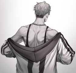 Rule 34 | 1boy, aged down, arurandeisu, back, chain necklace, facing away, from behind, glasses, greyscale, highres, holostars, jacket, jewelry, male focus, median furrow, monochrome, muscular, muscular male, n@o (nao), necklace, off shoulder, short hair, simple background, solo, tank top, upper body, virtual youtuber, white background