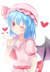 Rule 34 | 1girl, :o, arm at side, arm up, ascot, bat wings, blowing kiss, blue hair, blush, brooch, commentary request, hair between eyes, hat, heart, highres, jewelry, mob cap, nail polish, one eye closed, open hand, pink hat, pink shirt, pink skirt, puffy short sleeves, puffy sleeves, red ascot, red eyes, red nails, remilia scarlet, shirt, short hair, short sleeves, simple background, skirt, skirt set, solo, standing, touhou, upper body, white background, wings, yukina kurosaki