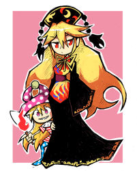 Rule 34 | 2girls, american flag dress, american flag legwear, blonde hair, blue eyes, chinese clothes, clownpiece, commentary, english commentary, frown, grin, hair between eyes, hat, height difference, holding, holding torch, jester cap, junko (touhou), legacy of lunatic kingdom, long hair, long sleeves, looking at viewer, multiple girls, neck ruff, purple eyes, setz, sharp teeth, short sleeves, sidelocks, simple background, sleeves past fingers, sleeves past wrists, smile, teeth, torch, touhou, very long hair, wide sleeves
