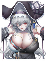 Rule 34 | 1girl, :d, absurdres, arknights, armpits, breasts, cleavage, detached sleeves, grey hair, hat, highres, large breasts, long hair, looking at viewer, open mouth, red eyes, simple background, smile, solo, specter (arknights), specter the unchained (arknights), white background, yf (hbyg)