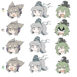 Rule 34 | 3girls, :d, ahoge, akikaze cp, anger vein, black headwear, brown eyes, brown hair, closed mouth, earmuffs, expressions, fang, green eyes, green hair, grey eyes, grey hair, hat, mononobe no futo, multiple girls, open mouth, pointy hair, ponytail, shaded face, simple background, smile, soga no tojiko, tate eboshi, tears, touhou, toyosatomimi no miko, translation request, v-shaped eyebrows, white background