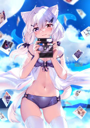 Rule 34 | 1girl, ahoge, animal ear fluff, animal ears, bare shoulders, black bow, blue sky, bow, cat ears, commentary, cowboy shot, day, facial mark, gluteal fold, hair bow, highres, long hair, looking at viewer, navel, panties, photo (object), purple eyes, purple panties, red eyes, shyrei faolan, silver hair, sky, smile, solo, squchan, standing, stomach, strap slip, thighs, underwear, virtual youtuber, vyugen, whisker markings, white legwear