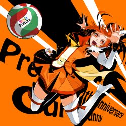 Rule 34 | 10s, 1girl, :o, anniversary, arm warmers, ball, boots, bow, bowtie, character name, copyright name, cure sunny, full body, hair bun, highres, hino akane (smile precure!), jumping, mahkn, matching hair/eyes, open mouth, orange background, orange eyes, orange hair, orange skirt, orange theme, playing sports, precure, short hair, single hair bun, skirt, smile precure!, solo, thigh boots, thighhighs, volleyball, volleyball (object), white thighhighs