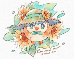 Rule 34 | bird, bright pupils, closed mouth, clothed pokemon, commentary request, creatures (company), flower, game freak, gen 7 pokemon, green eyes, hat, hat flower, highres, kotone11152, looking at viewer, nintendo, no humans, pokemon, pokemon (creature), rowlet, solo, sunflower, twitter username, white pupils