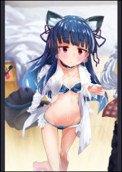 Rule 34 | 1boy, 1girl, animal ears, bad anatomy, bed, bell, black border, black choker, black hairband, black pants, black skirt, blue bra, blue hair, blue panties, blunt bangs, blush, blush stickers, border, bow, bow panties, bra, breasts, cat ears, cat tail, choker, clothes pull, cluseller, collarbone, fake animal ears, floral print, gluteal fold, groin, hair ribbon, hairband, half-closed eyes, hand up, highres, idolmaster, idolmaster cinderella girls, indoors, jingle bell, lace, lace-trimmed bra, lace-trimmed panties, lace trim, lingerie, long hair, long sleeves, looking at another, miniskirt, navel, necktie, open clothes, open mouth, open shirt, panties, pants, pleated skirt, purple ribbon, red eyes, red neckwear, red ribbon, ribbon, ribs, sajo yukimi, shirt, shirt tug, skirt, unworn skirt, small breasts, solo focus, stomach, tail, tail bell, tail ornament, tail ribbon, textless version, underwear, white shirt