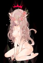 Rule 34 | 1girl, animal ears, bad id, bad pixiv id, barefoot, breasts, cat ears, cat tail, citti (show by rock!!), copyright request, fingernails, flower, hair flower, hair ornament, head wreath, long hair, mamaloni, medium breasts, nail polish, navel, nude, pink flower, pink hair, pink nails, show by rock!!, sketch, solo, tail