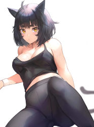 Rule 34 | 1girl, ahoge, animal ears, ass, bare arms, bare shoulders, black hair, black legwear, black shirt, blouse, blurry, blurry background, breasts, cat ears, cat girl, cat tail, cleavage, collarbone, commentary, gluteal fold, highres, looking at viewer, medium breasts, medium hair, original, otsukemono, pants, shadow, shirt, simple background, solo, spread legs, sweat, tail, tank top, thick eyebrows, thighs, white background, yellow eyes, yoga pants