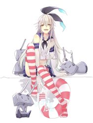 Rule 34 | 10s, 1girl, asano goji, bad id, bad pixiv id, elbow gloves, gloves, hairband, kantai collection, long hair, looking at viewer, midriff, navel, open mouth, personification, rensouhou-chan, shimakaze (kancolle), silver hair, sitting, skirt, smile, solo, striped clothes, striped thighhighs, thighhighs, very long hair, white background, yellow eyes