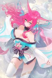 Rule 34 | 1girl, ahri (league of legends), alternate hair color, animal ears, bell, blue tail, breasts, cleavage, collarbone, facial mark, fang, fox ears, fox tail, hair bell, hair ornament, highres, korean clothes, kyuubi, large breasts, league of legends, long straw, looking at viewer, multiple tails, nail, nail polish, off shoulder, skin fang, skindentation, solo, spirit blossom ahri, tail, usagi (3828164), vastaya, whisker markings
