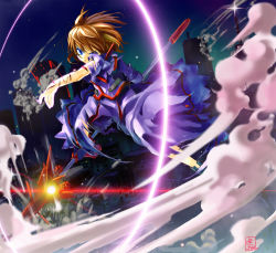 Rule 34 | 1girl, blood, blue eyes, brown hair, city, glowing, injury, luciferion, lyrical nanoha, mahou shoujo lyrical nanoha, mahou shoujo lyrical nanoha a&#039;s, mahou shoujo lyrical nanoha a&#039;s portable: the battle of aces, stern the destructor, short hair, smoke, solo, staff, tora jun, torn clothes