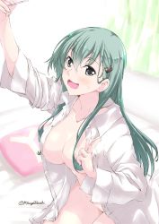Rule 34 | 1girl, aqua hair, bedroom, blush, breasts, collarbone, commentary request, curtains, green eyes, hair between eyes, hair censor, hair ornament, hairclip, indoors, kantai collection, large breasts, long hair, looking at viewer, mikage takashi, on bed, open clothes, open mouth, open shirt, pillow, shirt, solo, suzuya (kancolle), sweatdrop, twitter username, white shirt