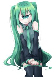 Rule 34 | 1girl, bad id, bad pixiv id, bare shoulders, black thighhighs, cyclops, detached sleeves, green eyes, green hair, hatsune miku, highres, long hair, looking at viewer, matching hair/eyes, necktie, one-eyed, simple background, skirt, smile, solo, takano, thighhighs, twintails, v arms, very long hair, vocaloid, white background