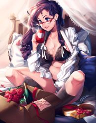 Rule 34 | 1girl, bed, belly, blue eyes, breasts, cleavage, earrings, flower, glasses, highres, humanization, jewelry, long hair, looking down, loyproject, medium breasts, my little pony, my little pony: friendship is magic, navel, package, parted lips, purple eyes, purple hair, rarity (my little pony), rose, sitting, smile, solo, sunlight, thighs
