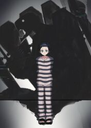 Rule 34 | 1boy, arms behind back, black hair, blue eyes, full body, highres, long sleeves, looking at viewer, male focus, mole, mole under eye, pants, persona, persona 3, pharos, prison clothes, sandals, simple background, standing, striped clothes, thanatos (persona), uxco0