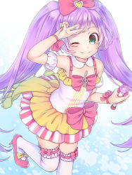 Rule 34 | 1girl, ;), ahoge, arm up, back bow, bare shoulders, bow, bow legwear, closed mouth, commentary, detached collar, dress, dress bow, feet out of frame, flat chest, footwear bow, frilled dress, frilled thighhighs, frills, hair bow, high heels, holding, lace-trimmed bow, lace trim, large bow, layered dress, leg up, light purple hair, long hair, looking at viewer, manaka laala, multicolored clothes, multicolored dress, musical note, object request, one eye closed, pale color, pastel colors, petite, pink bow, pink footwear, pochi (popcooooorn), pretty series, pripara, quarter note, shoes, smile, solo, standing, standing on one leg, stiletto heels, striped clothes, striped dress, thighhighs, treble clef, twintails, v over eye, very long hair, white thighhighs, wrist bow, yellow bow, yellow frills