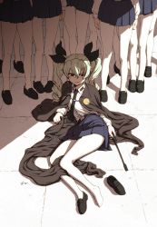 Rule 34 | 10s, 6+girls, anchovy (girls und panzer), anzio school uniform, artist name, bad id, bad twitter id, belt, black belt, black cape, black footwear, black neckwear, black ribbon, black skirt, cape, commentary, dress shirt, drill hair, girls und panzer, green hair, hair ribbon, holding, holding riding crop, loafers, long hair, long sleeves, looking at viewer, lying, miniskirt, multiple girls, necktie, on ground, on side, oono tsutomu, pantyhose, parted lips, pleated skirt, red eyes, revision, ribbon, riding crop, school uniform, shadow, shirt, shoes, signature, skirt, smirk, solo focus, twin drills, twintails, unworn shoe, unworn shoes, white legwear, white shirt, wing collar
