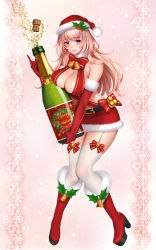Rule 34 | 1girl, air bubble, alcohol, bad id, bad pixiv id, ball, bell, belt pouch, blush, boots, border, bottle, breast rest, breasts, brown hair, bubble, champagne, champagne bottle, christmas, christmas ornaments, christmas wreath, cleavage, covered erect nipples, detached collar, drink, elbow gloves, full body, fur-trimmed boots, fur trim, garter straps, gloves, hair ornament, hat, highres, holding, knees together feet apart, large breasts, long hair, looking at viewer, merry christmas, miniskirt, nakano kaori, naked ribbon, official art, oversized object, pencil skirt, pouch, purple eyes, re:shimashima, red background, red footwear, red gloves, red hat, red skirt, ribbon, santa costume, santa hat, shiny skin, skirt, smile, solo, star (symbol), thighhighs, tokyo exe girls, white thighhighs, wine bottle, wreath