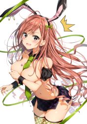 Rule 34 | 1girl, :d, ahoge, animal ears, arisugawa natsuha, between breasts, black skirt, blush, breasts, brown eyes, brown hair, cleavage, collarbone, commentary request, covering privates, covering breasts, cowboy shot, detached collar, detached sleeves, fake animal ears, fingernails, fishnet thighhighs, fishnets, green necktie, green ribbon, hairband, highres, idolmaster, idolmaster shiny colors, kuria (clear trip second), large breasts, long hair, looking at viewer, microskirt, nail polish, navel, necktie, open mouth, pelvic curtain, rabbit ears, rabbit tail, ribbon, sidelocks, skirt, smile, solo, standing, stomach, sweat, tail, thighhighs, topless, very long hair, wrist cuffs