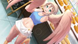Rule 34 | 1girl, :d, absurdres, arm up, bakery, bird legs, blue tank top, bread, brown hair, commentary, english commentary, existence, feathered wings, food, game cg, green eyes, hair between eyes, harpy, highres, indoors, kari (existence), looking at viewer, midriff, monster girl, navel, open mouth, shop, skirt, smile, solo, standing, standing on one leg, tank top, teeth, uosaasou, upper teeth only, white skirt, winged arms, wings