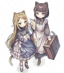 Rule 34 | &gt;:(, 2girls, :t, animal ears, apron, black dress, blue dress, blue eyes, brown hair, cat ears, cat girl, cat tail, dress, frilled dress, frills, highres, holding, holding suitcase, light brown hair, long hair, long sleeves, maid apron, multiple girls, neoki ohae, original, pout, purple eyes, short hair, suitcase, tail, triangle mouth, twitter username, v-shaped eyebrows, very long hair, white apron
