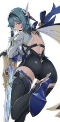 Rule 34 | 1girl, absurdres, aqua hair, artist request, ass, bare shoulders, blush, boots, breasts, cameltoe, cape, eula (genshin impact), from behind, genshin impact, gloves, greatsword, hair ornament, hairband, high heel boots, high heels, highres, leaning, leaning forward, leotard, long hair, looking at viewer, medium breasts, short shorts, shorts, sideboob, smile, solo, song of broken pines (genshin impact), sword, thigh boots, thighhighs, weapon, yellow eyes