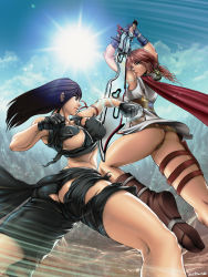 Rule 34 | 10s, 1990s (style), 2girls, arms up, ass, battle, blue hair, boots, breasts, cloud, day, ecchi-mia, covered erect nipples, fighting, final fantasy, final fantasy vii, final fantasy xiii, fingerless gloves, gloves, large breasts, legs, lightning farron, long hair, long legs, miniskirt, multiple girls, panties, pink hair, punching, shoes, skirt, sky, sun, sword, thigh strap, thighs, thong, tifa lockhart, torn clothes, underwear, upskirt, weapon