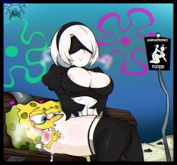 Rule 34 | 1boy, 1girl, 2b (nier:automata), ass, highres, nier:automata, nier (series), presenting, sexually suggestive, short hair, spongebob squarepants, spongebob squarepants (series), white hair