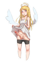 Rule 34 | 1girl, 41 (chvinyau), absurdres, angel, blonde hair, blue eyes, blush, clothes lift, clothes pull, crimvael, dress, dress lift, erection, futanari, highres, ishuzoku reviewers, large penis, lifted by self, long hair, penis, pussy, pussy juice, shorts, shorts pull, simple background, solo, testicles, uncensored, white background, white dress, wings