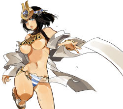 Rule 34 | 00s, 1girl, ancient princess menace, bare shoulders, black hair, blue eyes, breasts, headdress, highres, large breasts, menace (queen&#039;s blade), menace (queen's blade), navel, panties, queen&#039;s blade, revealing clothes, sandals, solo, starshadowmagician, striped clothes, striped panties, underboob, underwear