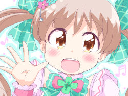 Rule 34 | 1girl, blush, bow, brown eyes, brown hair, commentary request, geetsu, green bow, hair bow, hair ornament, hakozaki serika, hand up, idolmaster, idolmaster million live!, idolmaster million live! theater days, long hair, looking at viewer, open mouth, portrait, smile, solo, twintails, waving