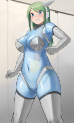 Rule 34 | 1girl, auto internal cumshot, blue eyes, blue skin, blurry, blurry background, blush, breasts, censored, cleavage, clenched hands, clenched teeth, colored skin, commentary request, cum, dickneck, ejaculation, elbow gloves, feet out of frame, gloves, green hair, hair between eyes, headgear, highres, long hair, looking away, misplaced genitals, mosaic censoring, navel, no pussy, open mouth, original, oruka (kamituki0827), penis, penis neck, sidelocks, solo, teeth, thick thighs, thighhighs, thighs, see-through body